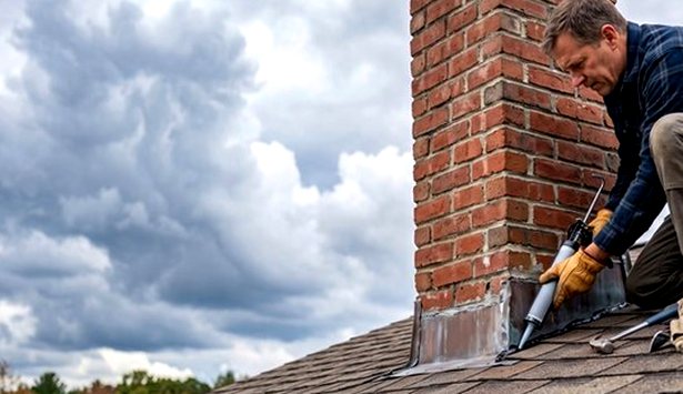 Sealant bead run along chimney flashing