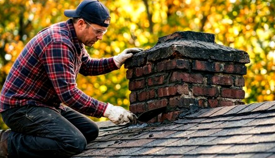 Mason working a brick stack in the gold evening hour