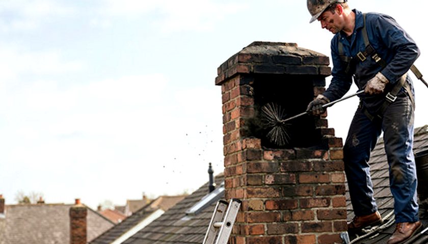 Sweep turning the rods on a chimney from a roof ladder